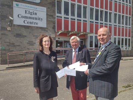 L-R Vice Lord-Lieutenant of Moray, Nancy Robson OBE, Chair of the Moray Emergency Relief Fund, Lieutenant Colonel Grenville Johnston, Moray Council's Refugee and Resettlement Project Officer, Roy Geddes