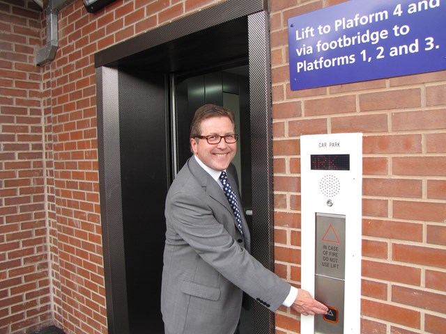 Mark Hunter MP at Cheadle Hulme station: Mark Hunter MP 'at the controls' of one of three new lifts at Cheadle Hulme station