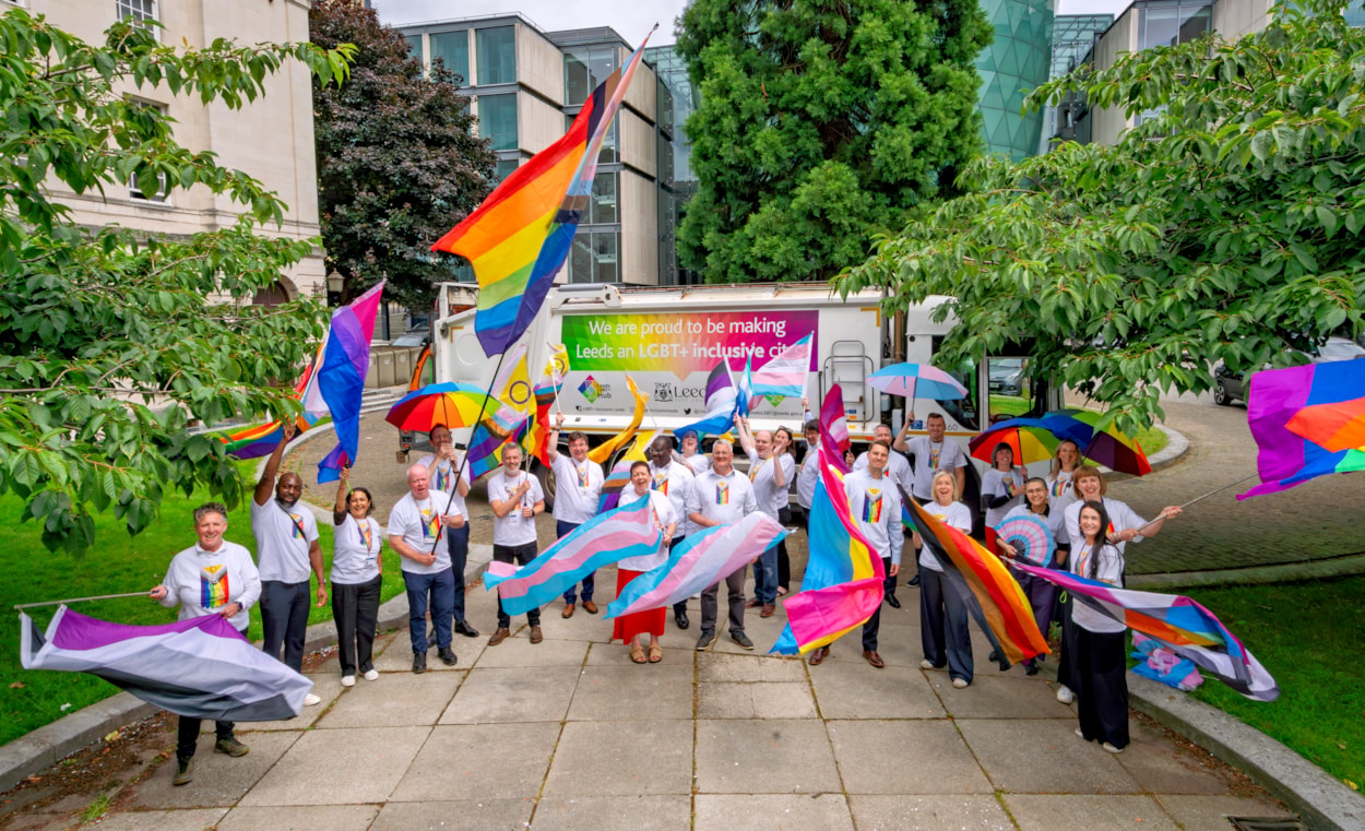Pride 2026 council staff: The leader of Leeds City Council, Councillor James Lewis was joined by members of the council's LGBT+ staff network outside the Civic Hall to show their support for Leeds Pride, celebrating 20 years in 2026.