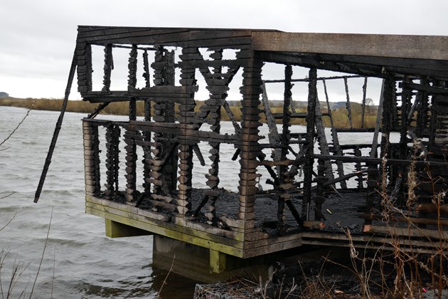 Re-build of destroyed Loch Leven bird hide begins: The former Mill Hide after the fire ©Neil Mitchell/NatureScot