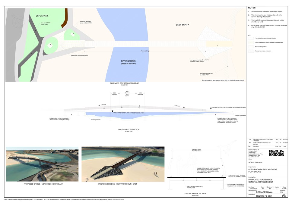 Photo shows the proposed scale, shape and artist impression of the new Lossiemouth East Beach bridge.