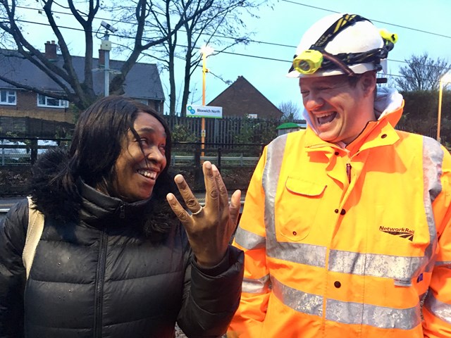 Eileen Lawrence and track worker Adrian Callaghan reunited: Mrs Lawrence meeting Network Rail track worker Adrian Callaghan to say thank you for finding her lost wedding ring