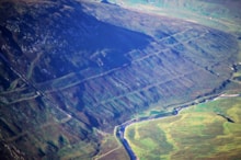 Aerial view of Parallel Roads of Glen Roy. ©Lorne Gill/NatureScot: An aerial view of the three parallel roads cut into the hillside on the west side of Glen Roy, ©Lorne Gill/NatureScot