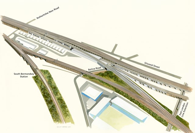 Bermondsey Dive Under artist's impression: Bermondsey Dive Under artist's impression (compare to existing aerial view)