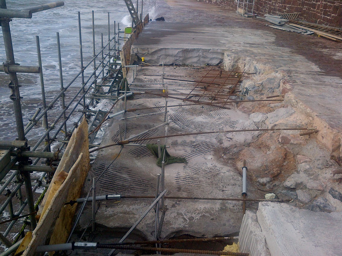 Damage to the temporary works at Sprey Point ramp in August 2014: Damage to the temporary works at Sprey Point ramp, caused by the storm in August 2014.