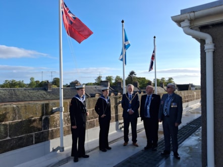 Left to right - cadets William Slater; Kaiya Wilkes; Moray Council Civic Leader, Cllr John Cowe; Cllr John Divers; Cllr Peter Bloomfield.