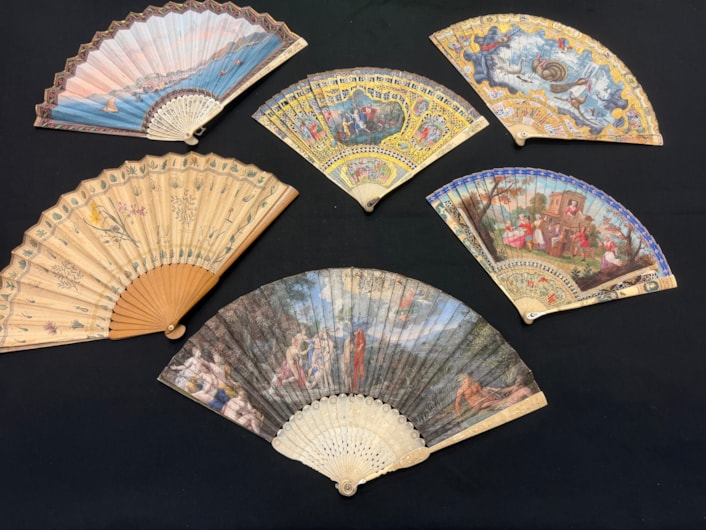 Antique fans: A selection of some of the 400 antique fans cared for at Leeds Discovery Centre.
Mostly dating from the 18th and 19th centuries, many of the fans’ elaborate designs portray scenes of love taken from Greek or Roman mythology, colourful birds or Far Eastern imagery and were once a must-have accompaniment to any lady’s outfit in high society.