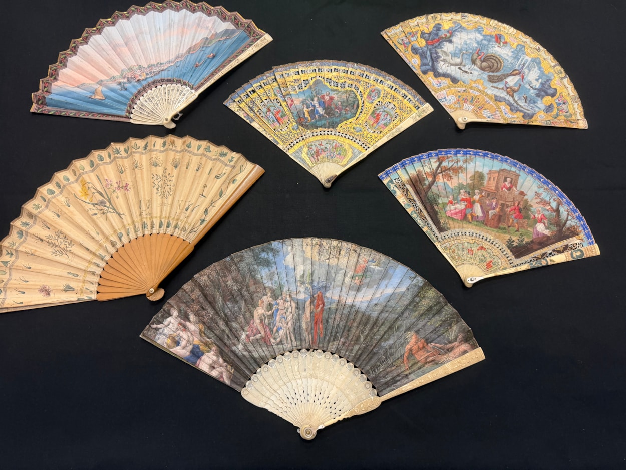 Antique fans: A selection of some of the 400 antique fans cared for at Leeds Discovery Centre.
Mostly dating from the 18th and 19th centuries, many of the fans’ elaborate designs portray scenes of love taken from Greek or Roman mythology, colourful birds or Far Eastern imagery and were once a must-have accompaniment to any lady’s outfit in high society.