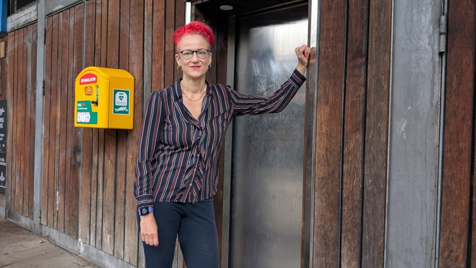 Councillor Sheila Chapman outside the new automated toilet in Newington Green