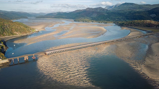 Barmouth Viaduct aerial in sun  Credit Dom Vacher Oct 2022