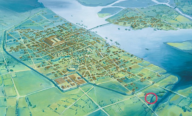 Reconstruction of Roman London by Peter Froste with the location of the site circled ©MOLA