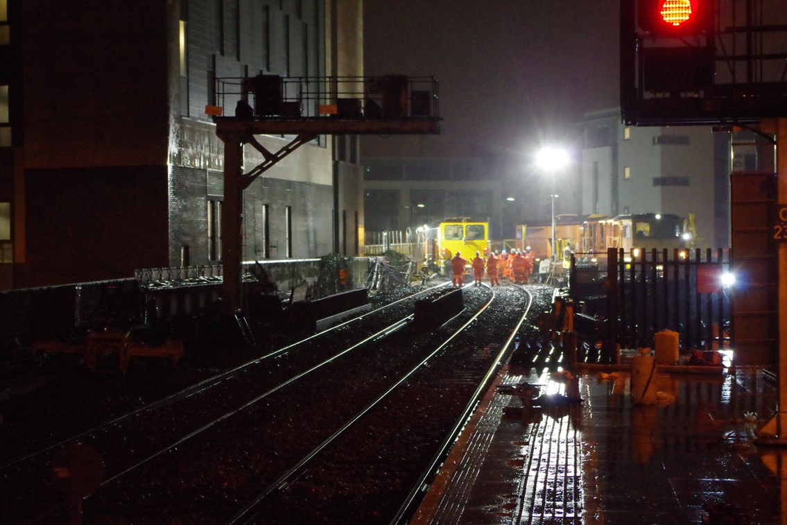 Christmas works at Cardiff Central station-tamping machine working at the east end of platform 1
