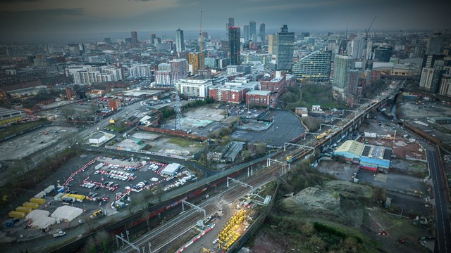 Manchester 21st century signalling overhaul completed over Jubilee: Aerial shot railway work near Manchester Victoria-2