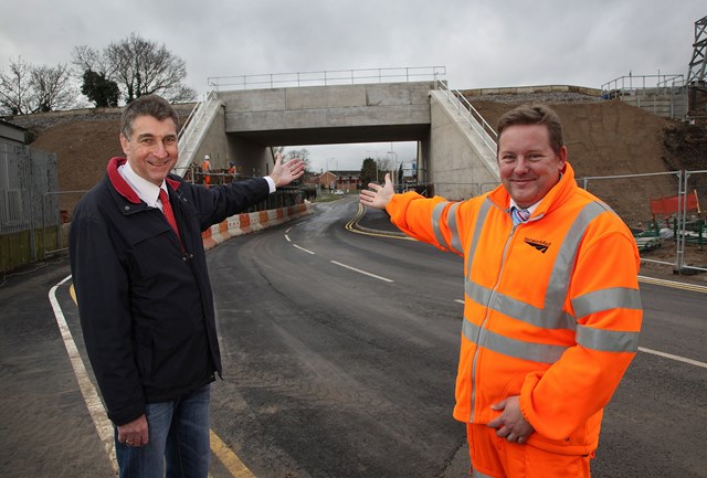 Cow Lane: Tony Page, Reading Borough Council’s lead councillor for regeneration, planning and transport and Kevin Brown, Network Rail senior programme manager, at Cow Lane Bridge south in Reading, as finishing touches are put to the bridge and road before the opening on Monday 30th January.