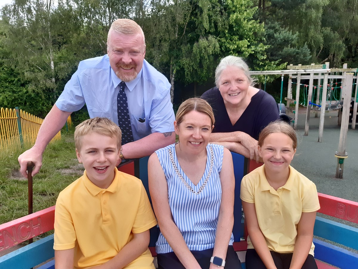 Road safety lesson at school Back Councillor Damian Corfield and Sheila Thomas Front Reece Davies 11, Deputy Head Mrs Smith and Ellie-Mai Shakespeare 10.