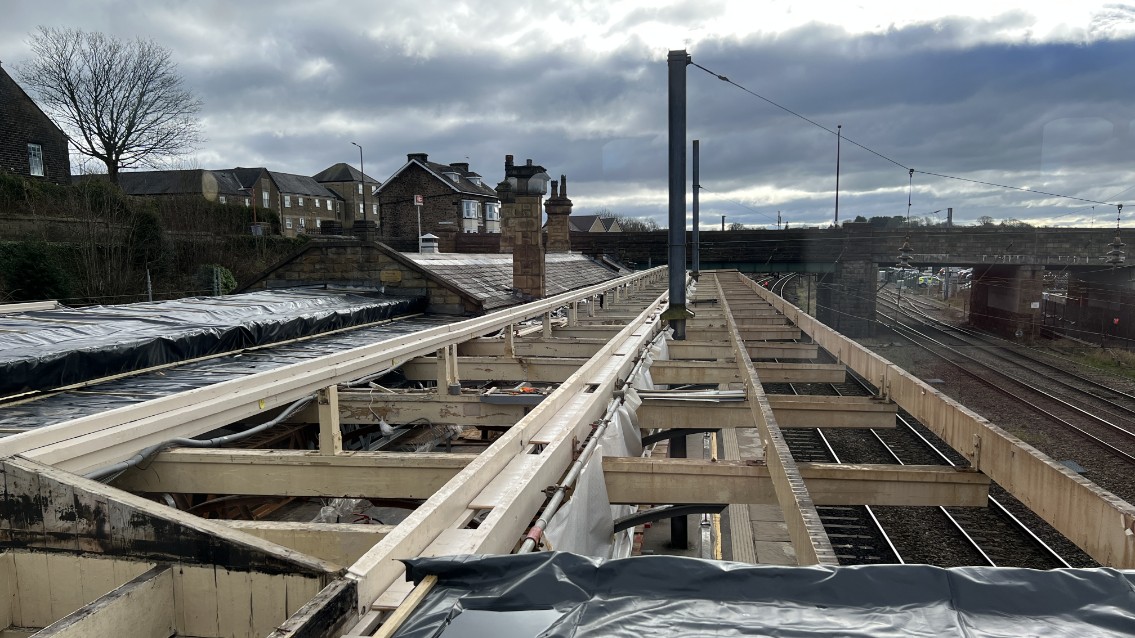 View from the station footbridge of Lancaster canopy work