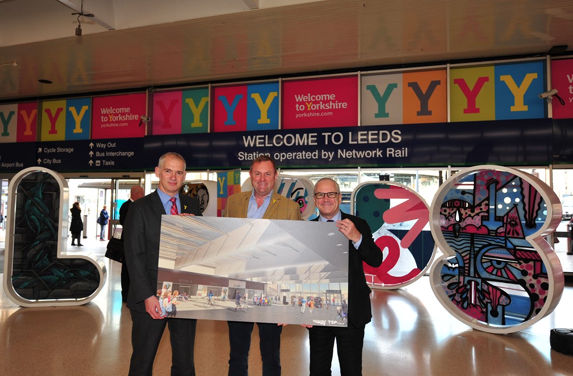 Let there be light! Plans announced for new transparent roof at Leeds Railway Station: Rob McIntosh, Sir Gary Verity DL and Sir Peter Hendy CBE with the artist impression of the new south concourse roof