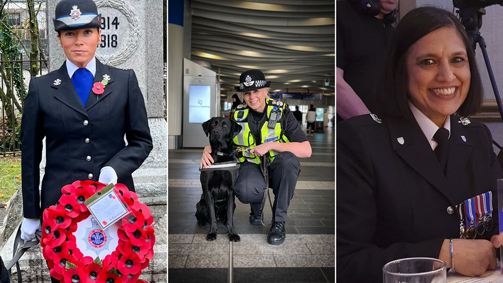 Three female officers in uniform, in three different images.