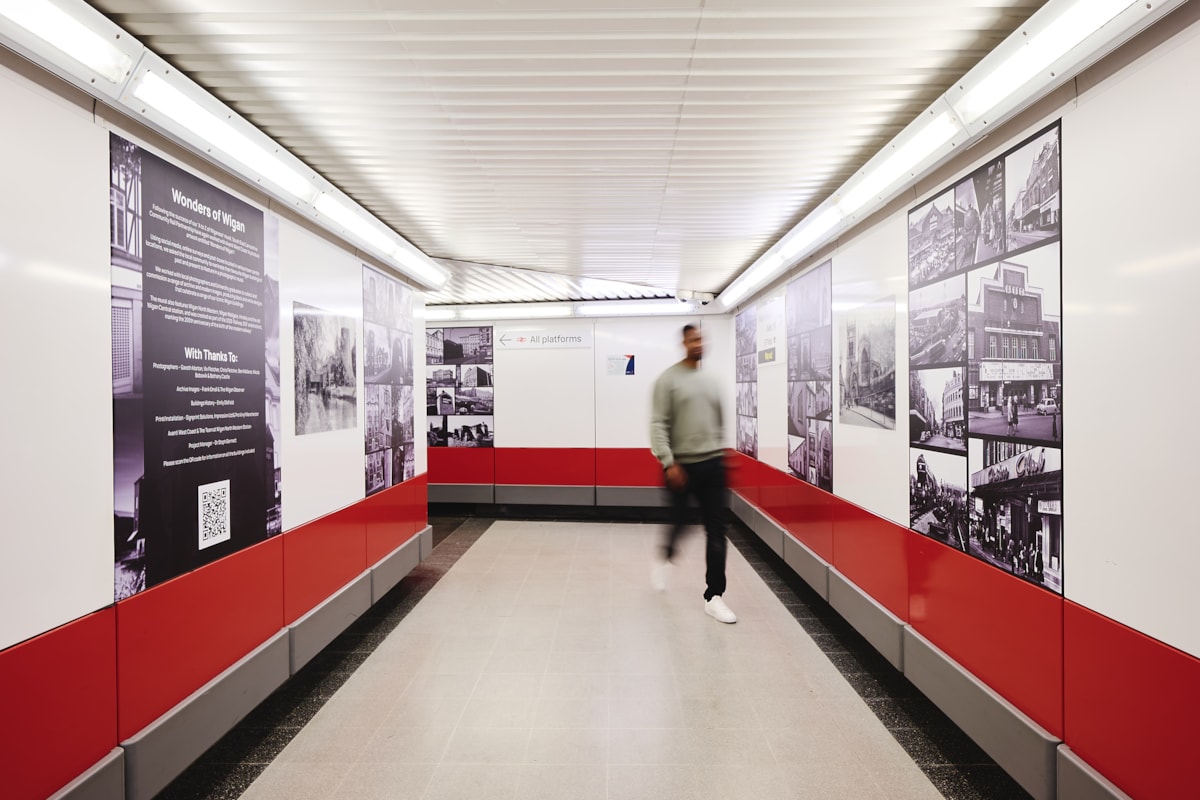 The Wonders of Wigan mural is located in the station underpass and designed to provide a welcoming gateway to those travelling to and from the town by rail.