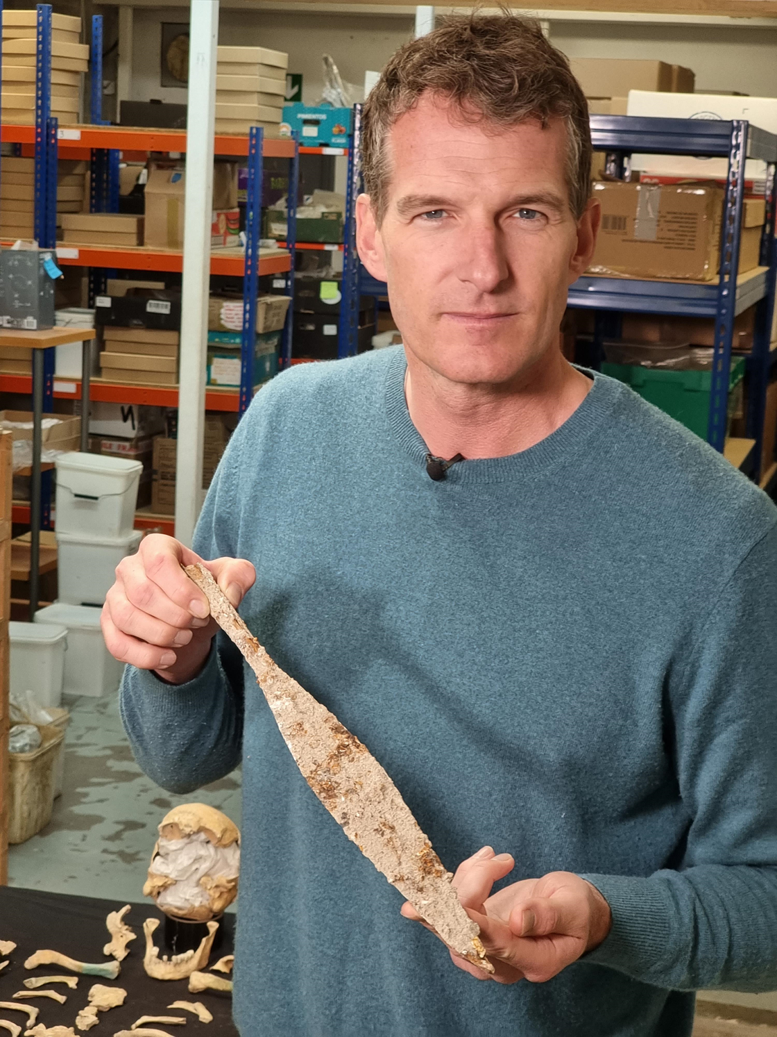 Historian Dan Snow with Anglo Saxon spearhead uncovered in HS2 excavations in Wendover: CREDIT:  History Hit