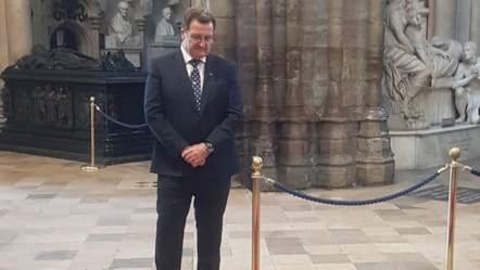 John at the tomb in Westminster Abbey