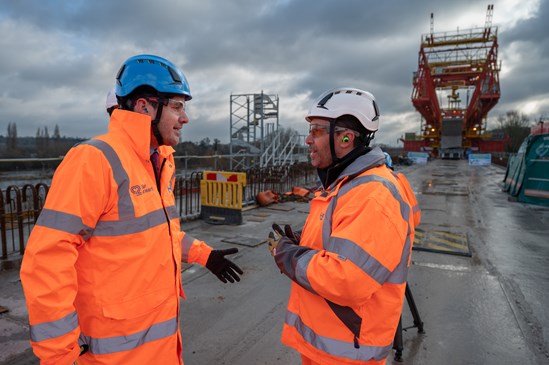 HS2 minister, Huw Merriman, walks on top of the high speed railway’s first and longest viaduct-8: L-R:  Huw Merriman MP, Minister for Rail; Ludovic Vergne, Align JV; TBC, Align JV