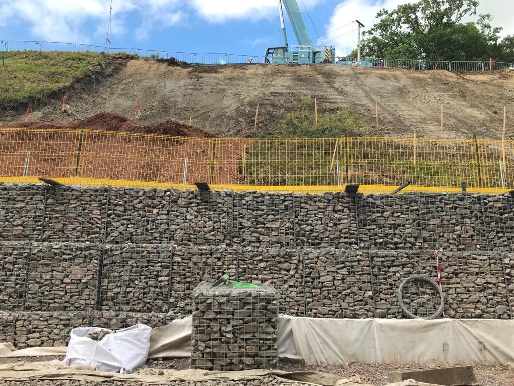 Templecombe gabion wall: Gabion wall, supporting the cutting slope near Templecomb