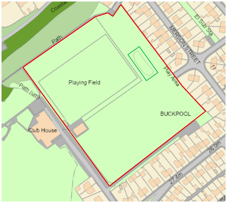 Map showing the proposed Community Asset Transfer.

The red border within the diagram below shows the extent of land to be transferred.

The green border within the diagram below shows the area to be retained by the Council.