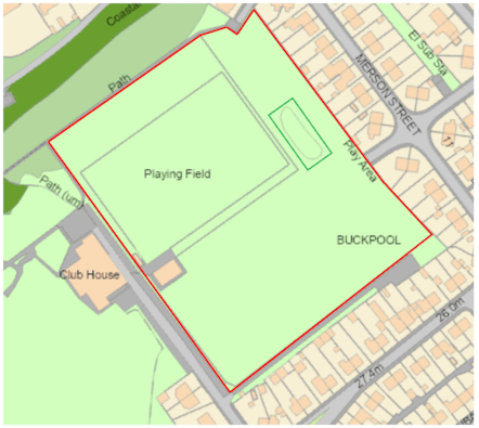 Map showing the proposed Community Asset Transfer.

The red border within the diagram below shows the extent of land to be transferred.

The green border within the diagram below shows the area to be retained by the Council.