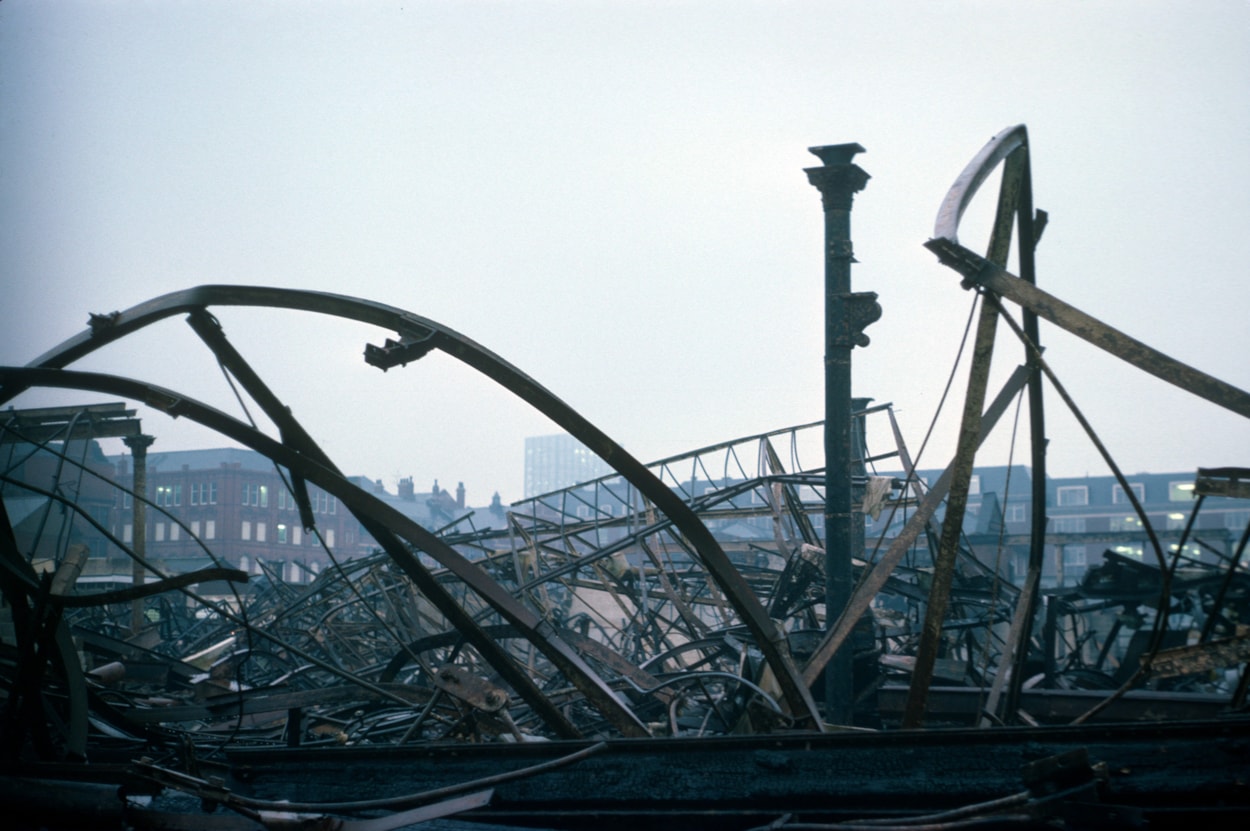 1975 Fire 2: The damaged remains of part of Leeds Kirkgate Market following a fire on December 13 in 1975. Copyright: Leeds Libraries.