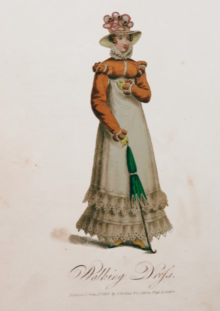 Walking Dress fashion plate showing the fashionable high waist and heavy decoration on the skirt, 1819