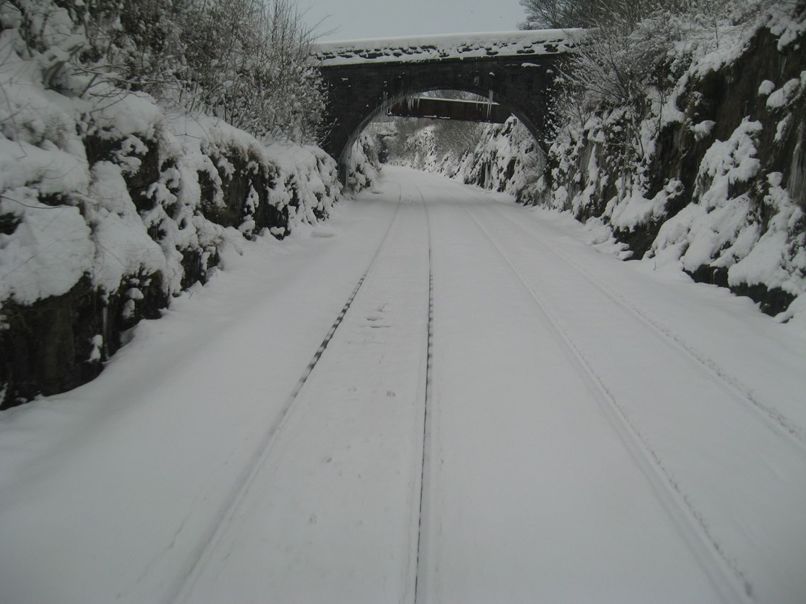Snow on the Settle - Carlisle line_3: The rails are barely visible beneath the snow (on the Down line at Stainforth cutting approaching Stainforth tunnel)