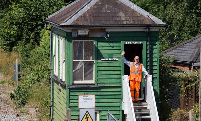 Chartham-6: Crossing keeper Andrew, on the steps of the gate box in Chartham, Kent