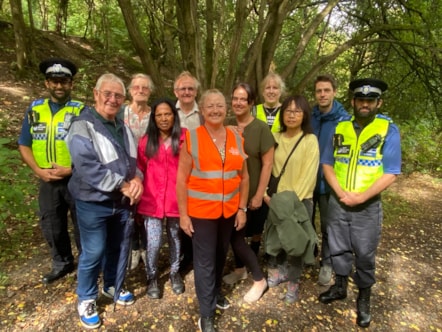 Walk leader Debbie Parkes (orange high-vis) with Councillor Andrea Goddard (Left of Debbie) and local community walkers LS