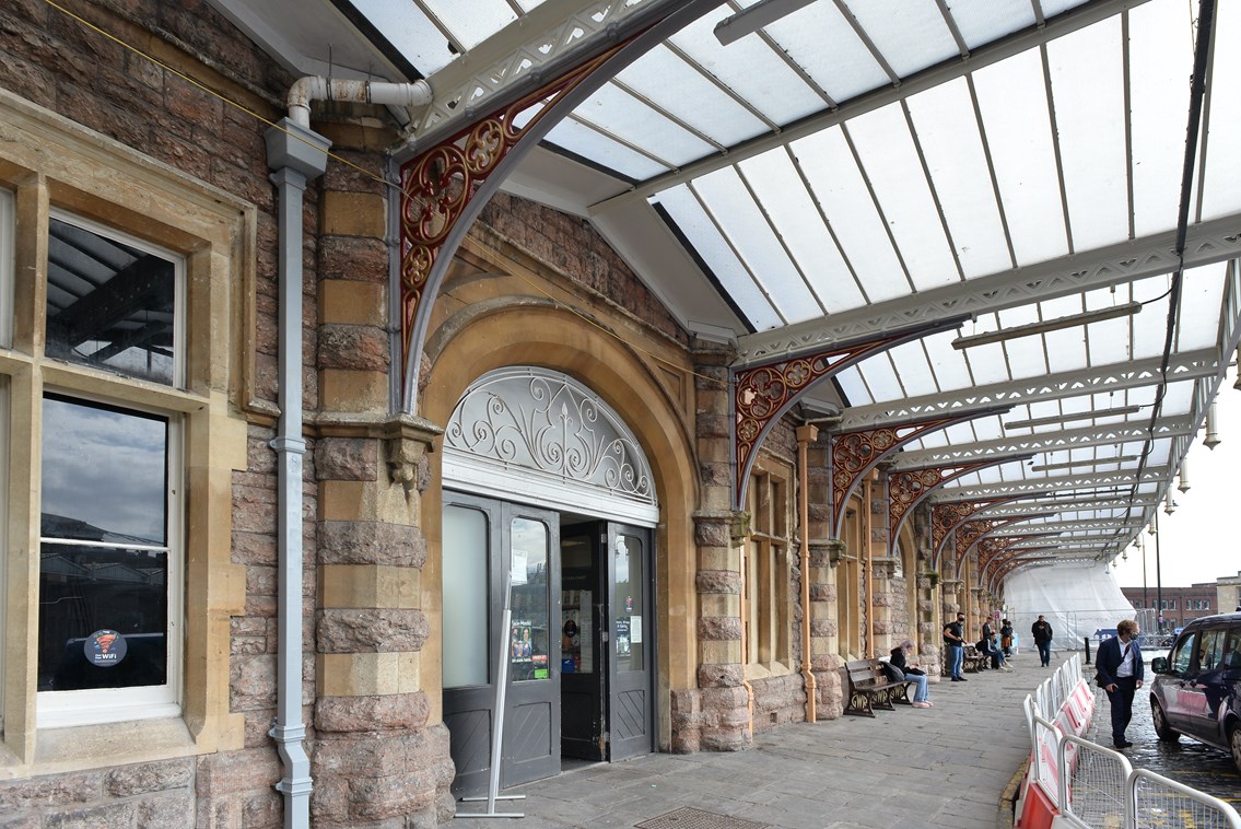 Wide view of forecourt canopies at main entrance of Bristol Temple Meads
