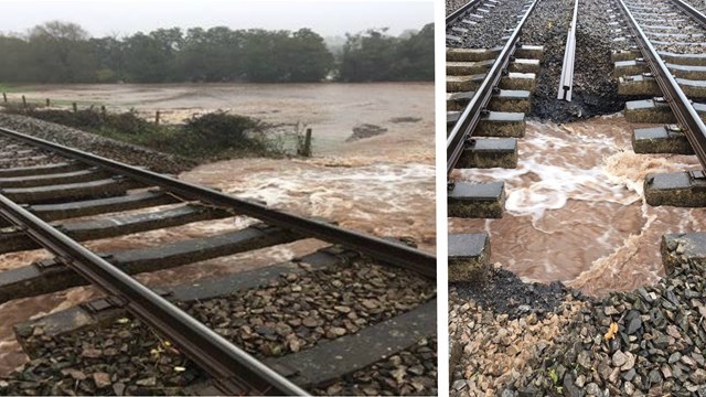 Flood damage to railway at Pontrilas