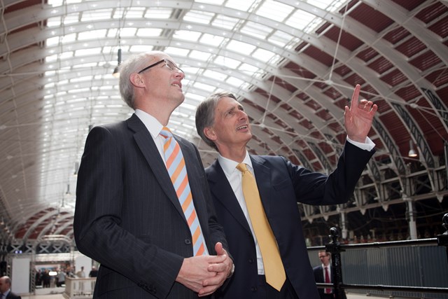 REGIONAL ECONOMIES BOOSTED BY £5BN GREAT WESTERN RAIL INVESTMENT: David Higgins and Philip Hammond at Paddington's fourth span