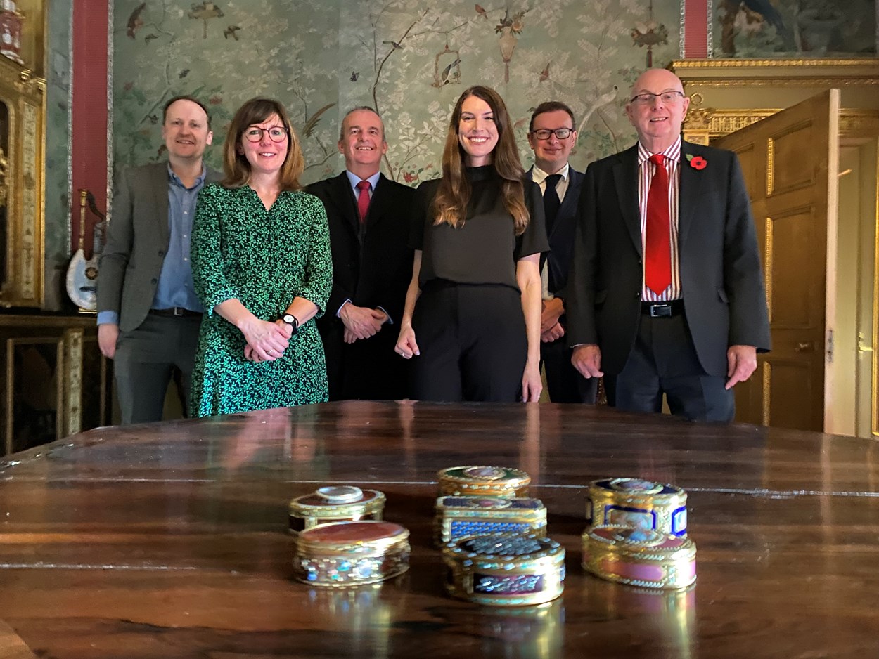 Temple Newsam snuff boxes: L-R Adam Toole, keeper at Temple Newsam House, Sarah Murray, Leeds Museums and Galleries' registrar and collections manager, Alistair McCloud, claims relationship manager with Zurich Municipal Insurance, Lauren Farrington, recovery and restitution specialist with the Art Loss Register, James Ratcliffe, director of recoveries and general counsel at the Art Loss Register and Rod Luck, claims technical director with insurers Municipal Mutual Insurance Ltd who all came to Temple Newsam House for the return of the beautiful collection of snuff boxes.