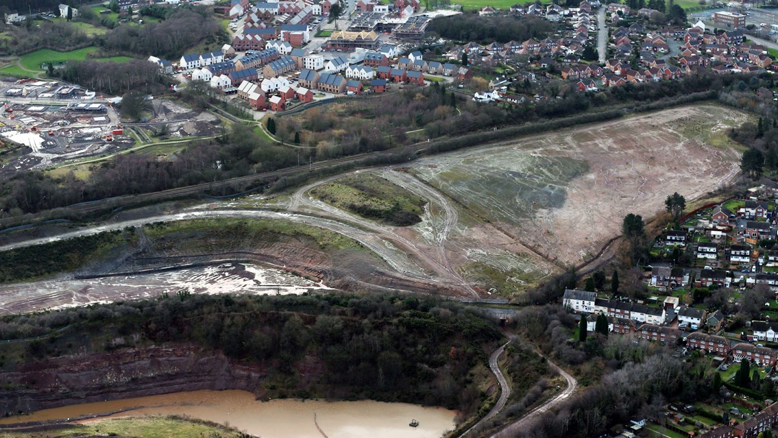 Aerial view of former mine site beside railway at Hadley near Telford - Date 2014