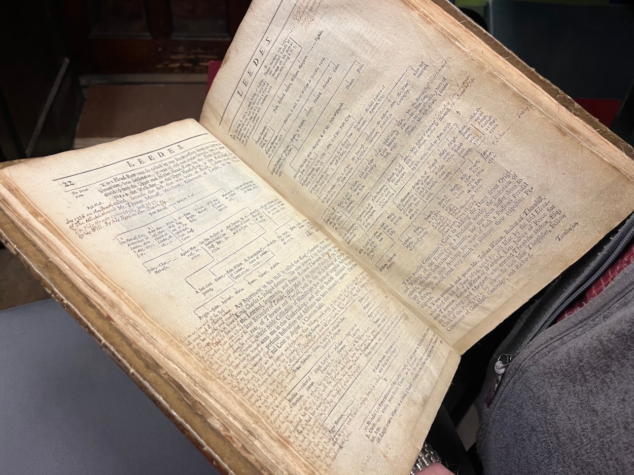 Leeds histories: Leeds Central Library’s one-of-a-kind edition of famed historian Ralph Thoresby’s Ducatus Leodiensis.
Printed in the mid-1740s, the incredible book will be on display at the library until the New Year.
The lengthy series of unique annotations it contains (shown here) were added by Thoresby’s contemporary and fellow antiquarian Thomas Wilson, and capture what is believed to be the first ever written record of the astonishing historical anecdote.