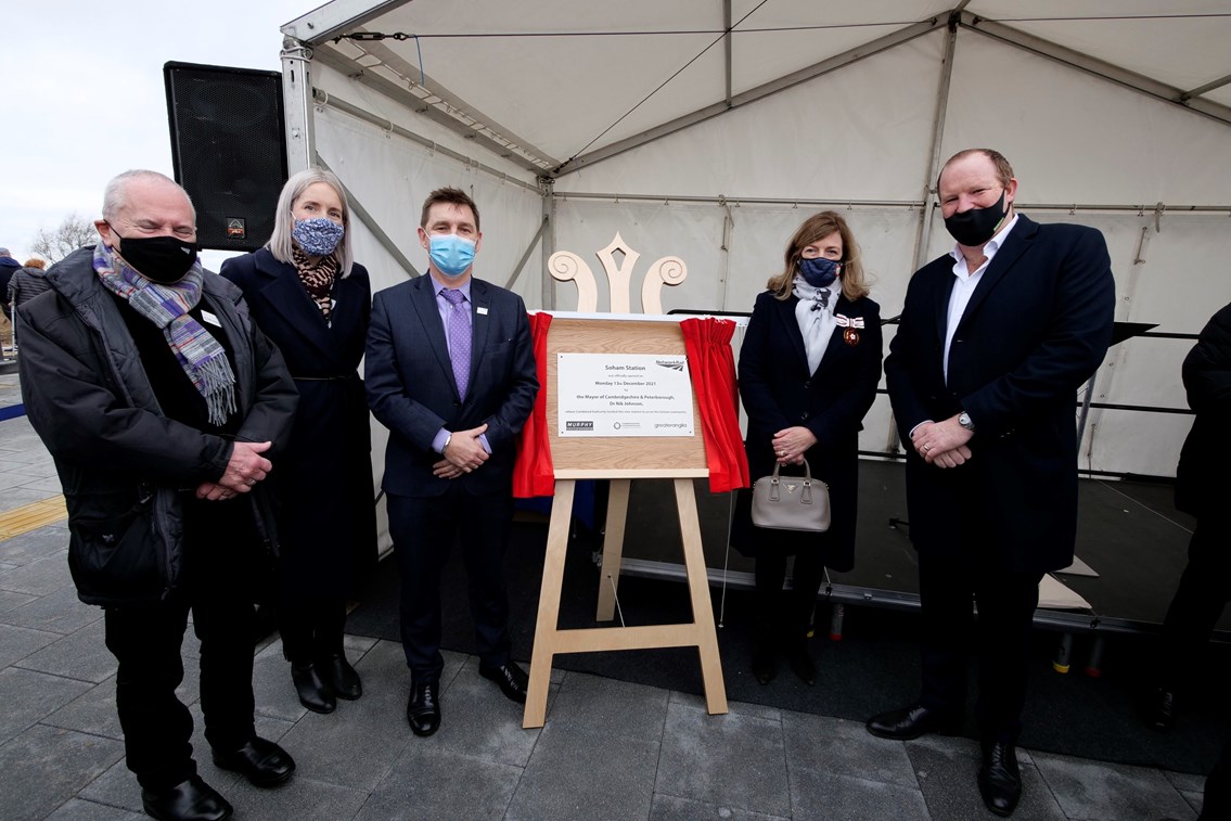 13.12.21 Soham station opening celebration: Left to right: Sir Peter Hendy, Ellie Burrows, Dr Nik Johnson, Deputy Lieutenant of Cambridgeshire Mrs Frances Stanley, John Murphy