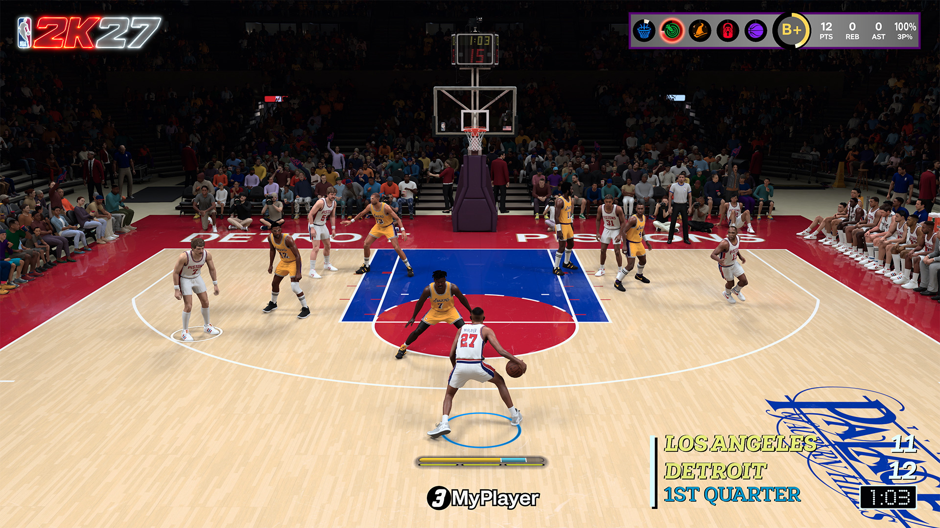 NBA 2K27 MyPLAYER bringing the ball up with the Takeover meter visible