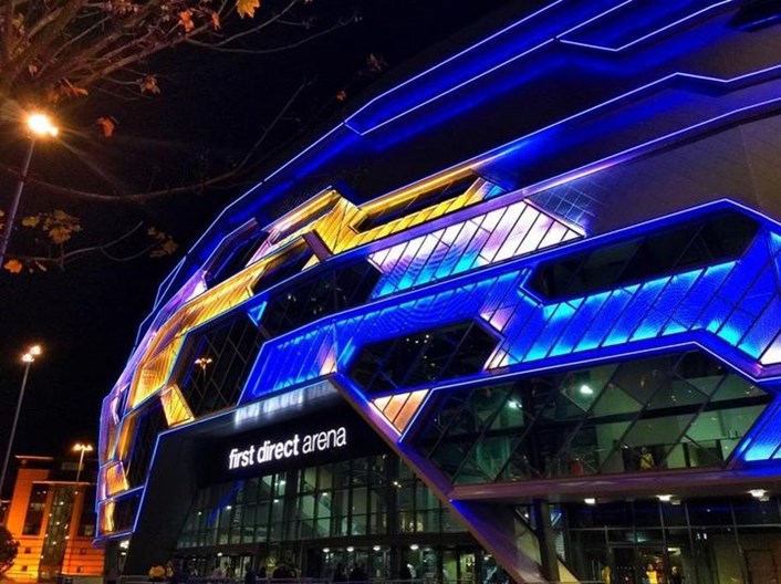 Eurovision 2023: Leeds's first direct arena, lit up in the yellow and blue colours of Ukraine.