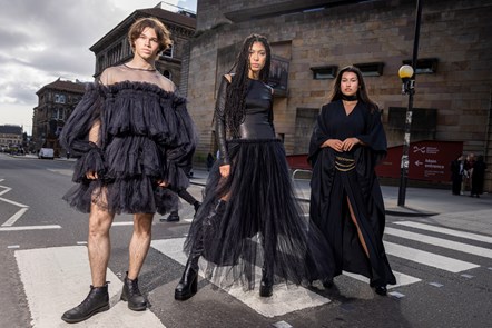 Models (L-R)  Joshua Cairns, Grace Dempsey and Shannon Summers arrive at the National Museum of Scotland ahead of the opening of Beyond the Little Black Dress on  Saturday (1 July). The exhibition deconstructs an iconic wardrobe staple, examining the radical power of the colour black in fashion. Image copyright Duncan McGlynn.-4