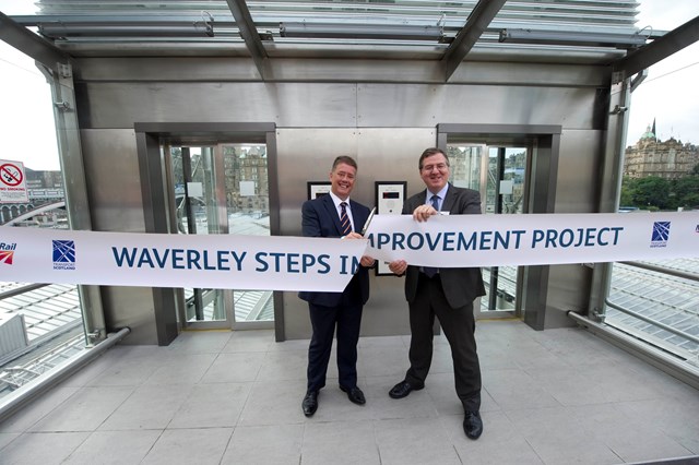 Waverley lifts: Transport Minister Keith Brown, left, and Network Rail route managing director for Scotland David Simpson officially open the new lifts.