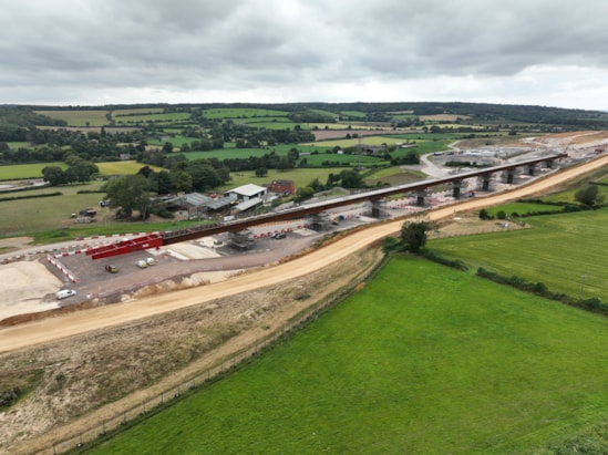 Aerial image of completion of 8 month Wendover Dean Viaduct deck slide August 2024