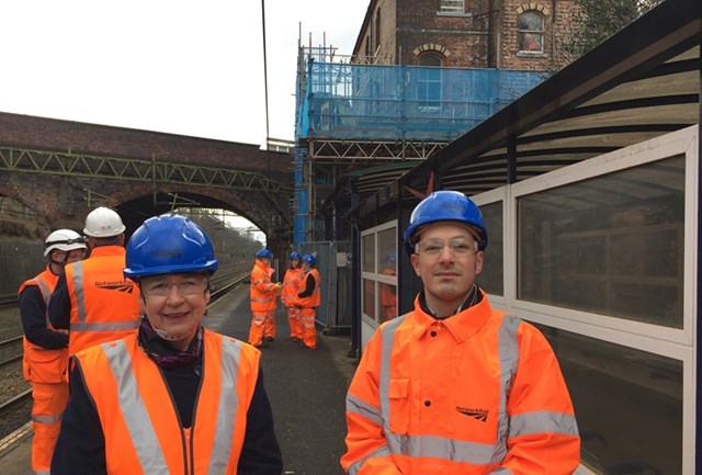 Locals track improvements to Heaton Chapel station: Ann Coffey MP and Cllr Alex Ganotis of Stockport Council at Heaton Chapel station