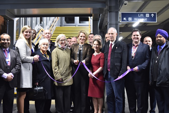 Becky Lumlock, route managing director at Network Rail, officially opens the new footbridge at Whitton station alongside Dr Tania Mathias MP and representatives from Richmond Borough Council, the RFU and South West Trains