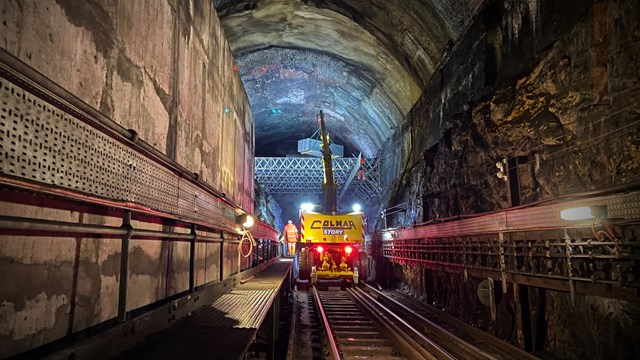 Track side view during 'dance floor' deck installation inside Liverpool High Neck tunnel