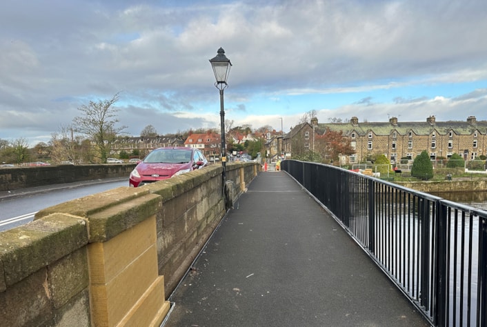 Otley Bridge footway after works 20 Nov 2025: Otley Bridge footway after construction Nov 2025